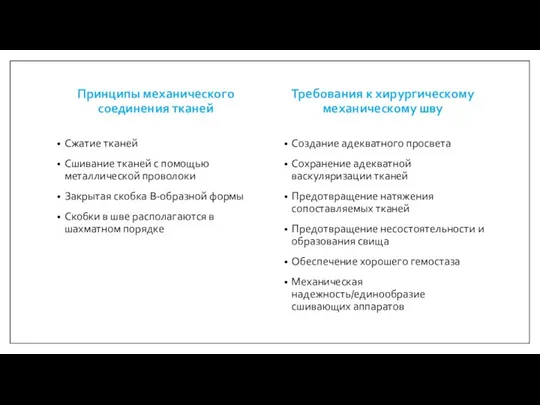 Принципы механического соединения тканей Сжатие тканей Сшивание тканей с помощью металлической проволоки