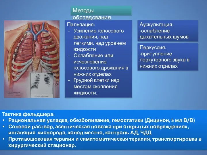 Методы обследования Пальпация: Усиление голосового дрожания, над легкими, над уровнем жидкости Ослабление