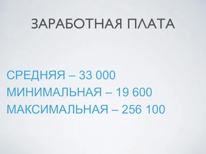 ЗАРАБОТНАЯ ПЛАТА СРЕДНЯЯ – 33 000 МИНИМАЛЬНАЯ – 19 600 МАКСИМАЛЬНАЯ – 256 100