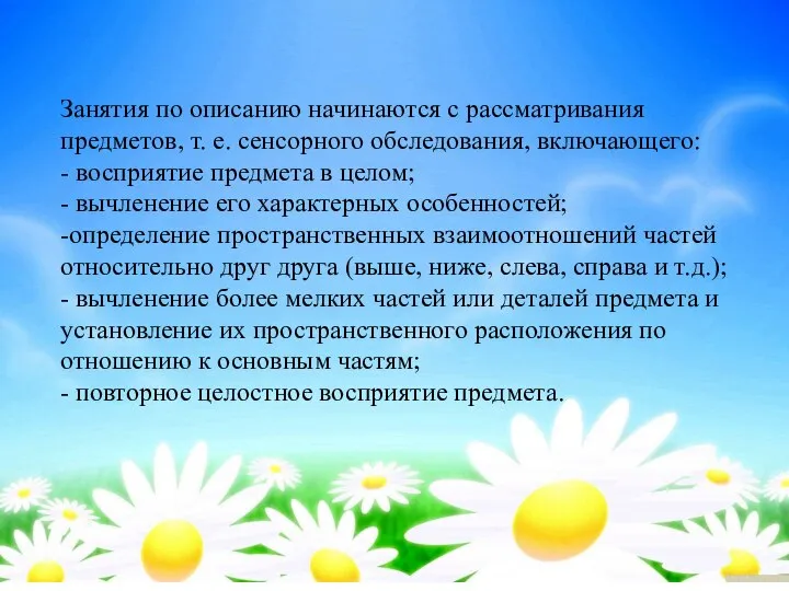 Занятия по описанию начинаются с рассматривания предметов, т. е. сенсорного обследования, включающего: