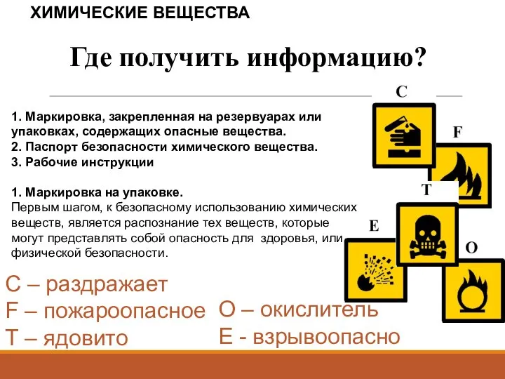 ХИМИЧЕСКИЕ ВЕЩЕСТВА Где получить информацию? 1. Маркировка, закрепленная на резервуарах или упаковках,