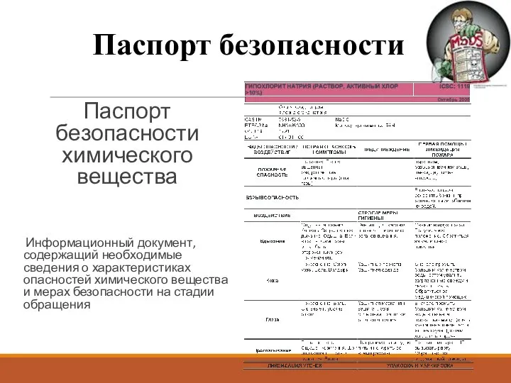 Паспорт безопасности химического вещества Информационный документ, содержащий необходимые сведения о характеристиках опасностей