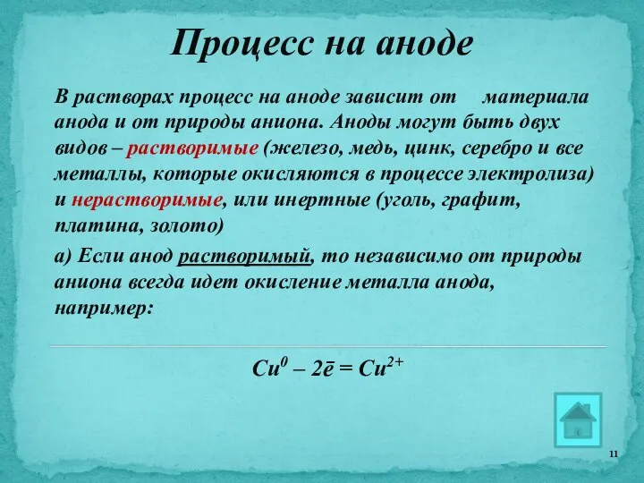 Процесс на аноде В растворах процесс на аноде зависит от материала анода