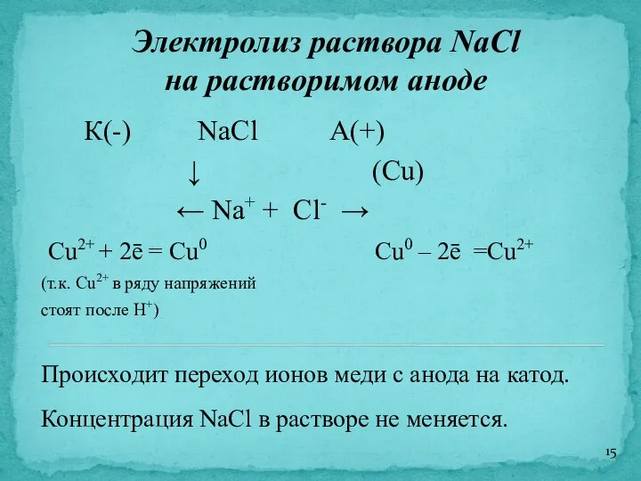 Электролиз раствора NaCl на растворимом аноде К(-) NaCl А(+) ↓ (Cu) ←