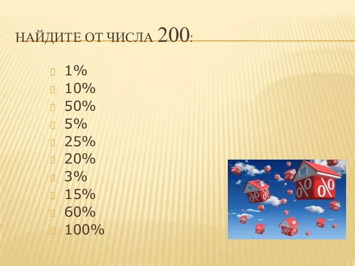 НАЙДИТЕ ОТ ЧИСЛА 200: 1% 10% 50% 5% 25% 20% 3% 15% 60% 100%