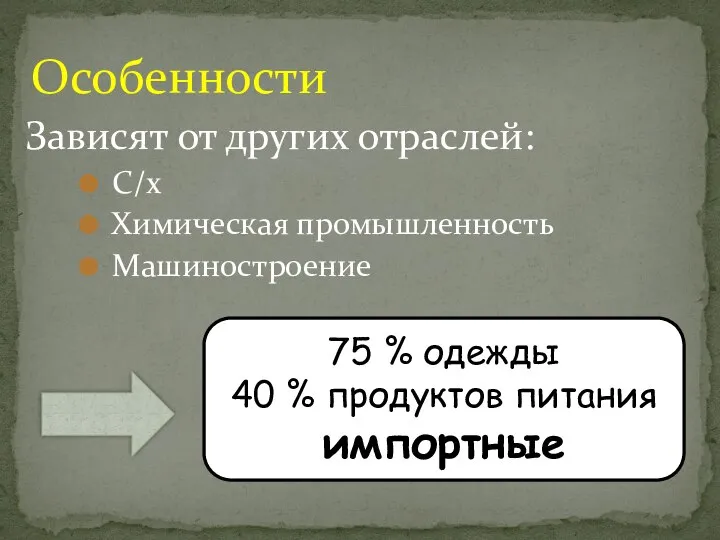 Зависят от других отраслей: С/х Химическая промышленность Машиностроение Особенности 75 % одежды