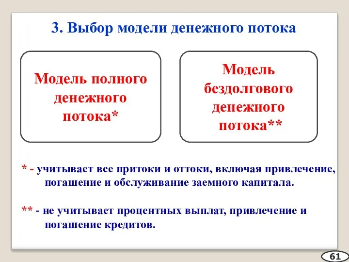 3. Выбор модели денежного потока 61 * - учитывает все притоки и