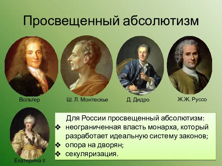 Просвещенный абсолютизм Вольтер Ш. Л. Монтескье Д. Дидро Ж.Ж. Руссо Екатерина II