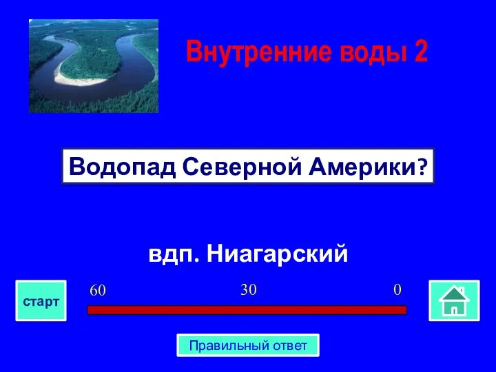 вдп. Ниагарский Водопад Северной Америки? Внутренние воды 2 0 30 60 старт Правильный ответ