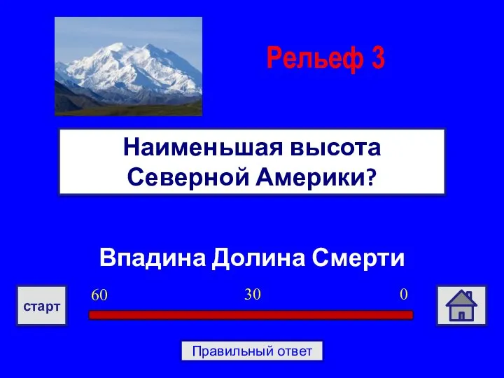 Впадина Долина Смерти Наименьшая высота Северной Америки? Рельеф 3 0 30 60 старт Правильный ответ