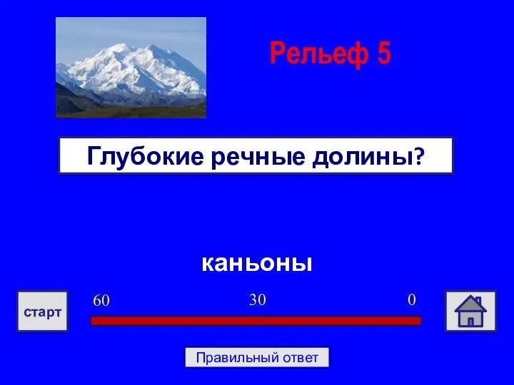 каньоны Глубокие речные долины? Рельеф 5 0 30 60 старт Правильный ответ