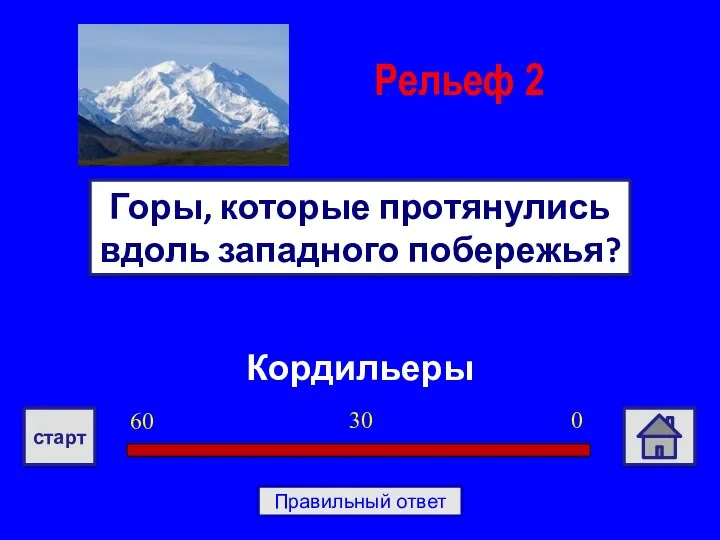 Кордильеры Горы, которые протянулись вдоль западного побережья? Рельеф 2 0 30 60 старт Правильный ответ