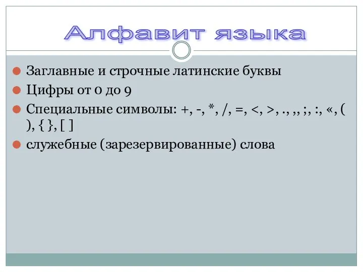 Заглавные и строчные латинские буквы Цифры от 0 до 9 Специальные символы: