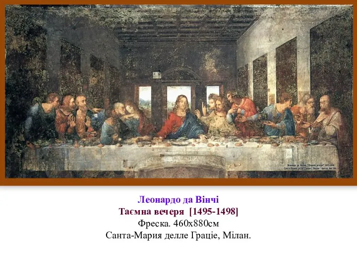 Леонардо да Вінчі Таємна вечеря [1495-1498] Фреска. 460x880см Санта-Мария делле Граціе, Мілан.