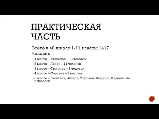 ПРАКТИЧЕСКАЯ ЧАСТЬ 1 место – Кузнецов – 12 человек 2 место –