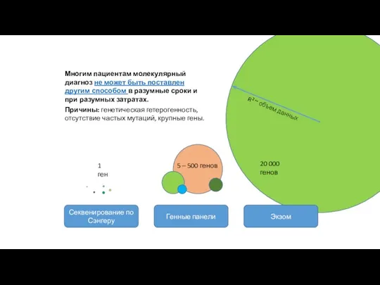 20 000 генов Экзом Генные панели Секвенирование по Сэнгеру 5 – 500