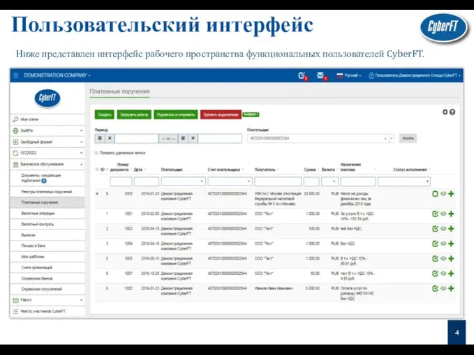 Пользовательский интерфейс Ниже представлен интерфейс рабочего пространства функциональных пользователей CyberFT. 4