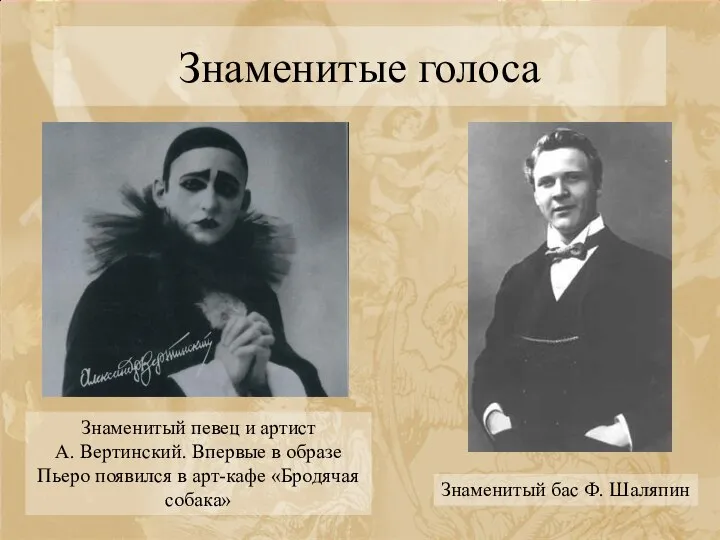 Знаменитые голоса Знаменитый певец и артист А. Вертинский. Впервые в образе Пьеро