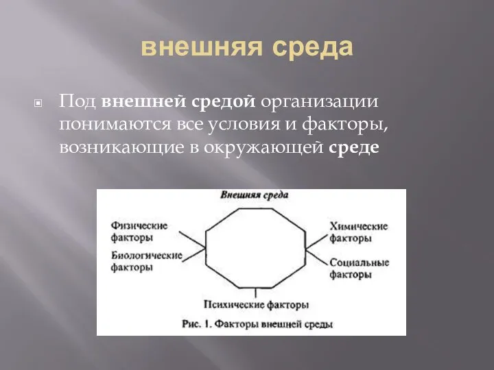 внешняя среда Под внешней средой организации понимаются все условия и факторы, возникающие в окружающей среде