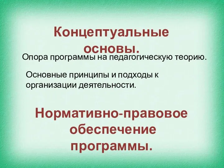 Концептуальные основы. Опора программы на педагогическую теорию. Основные принципы и подходы к