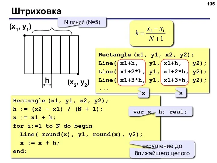 Штриховка (x1, y1) (x2, y2) N линий (N=5) h Rectangle (x1, y1,