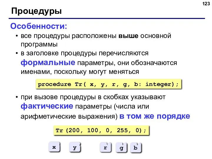 Процедуры Особенности: все процедуры расположены выше основной программы в заголовке процедуры перечисляются