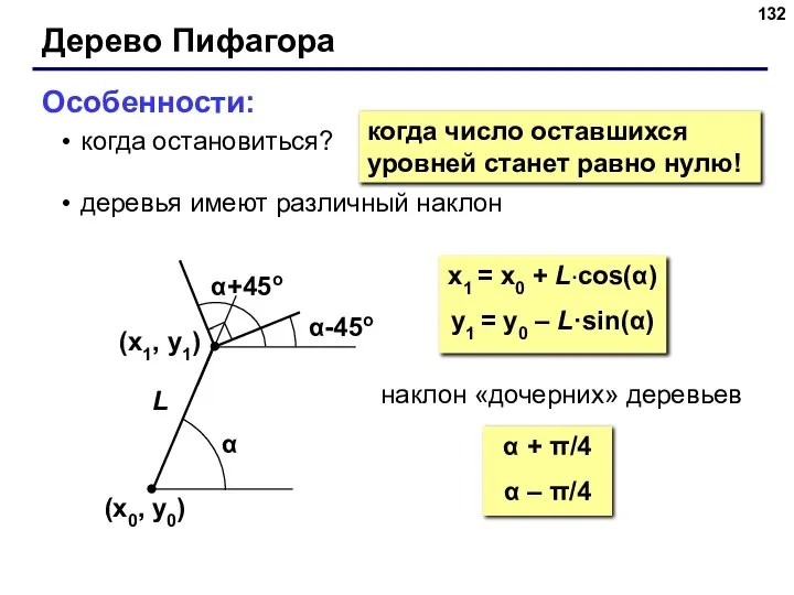 Дерево Пифагора Особенности: когда остановиться? деревья имеют различный наклон когда число оставшихся