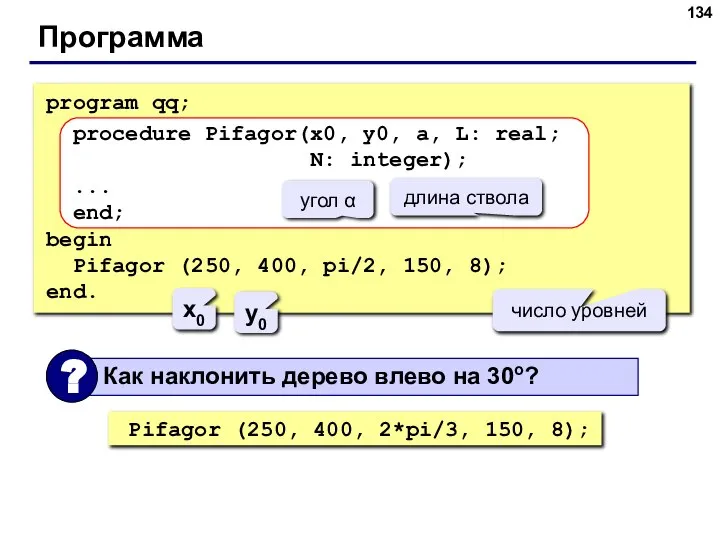 Программа program qq; procedure Pifagor(x0, y0, a, L: real; N: integer); ...
