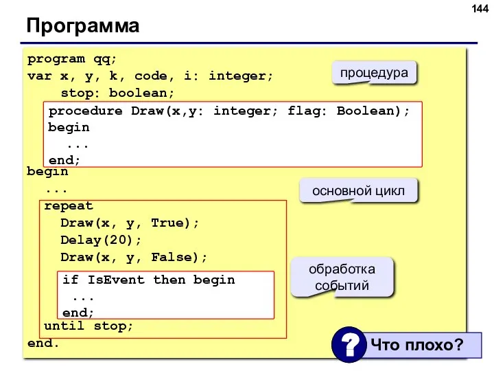 Программа program qq; var x, y, k, code, i: integer; stop: boolean;