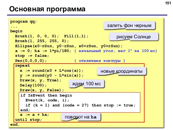 Основная программа program qq; ... begin Brush(1, 0, 0, 0); Fill(1,1); Brush(1,