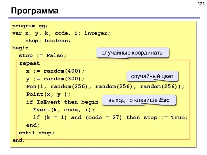 Программа program qq; var x, y, k, code, i: integer; stop: boolean;