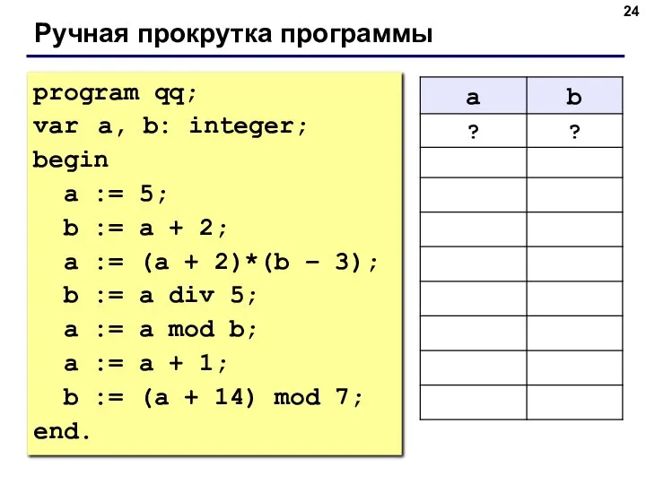 Ручная прокрутка программы program qq; var a, b: integer; begin a :=