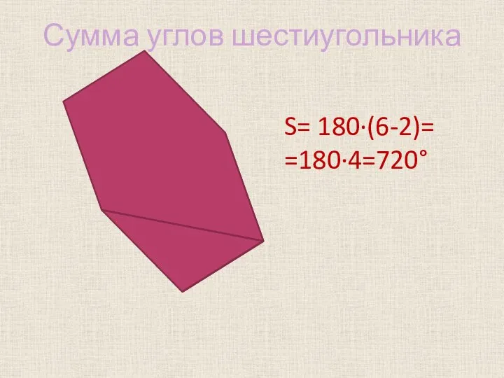 Сумма углов шестиугольника S= 180·(6-2)= =180·4=720°