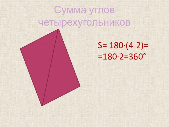 Сумма углов четырехугольников S= 180·(4-2)= =180·2=360°