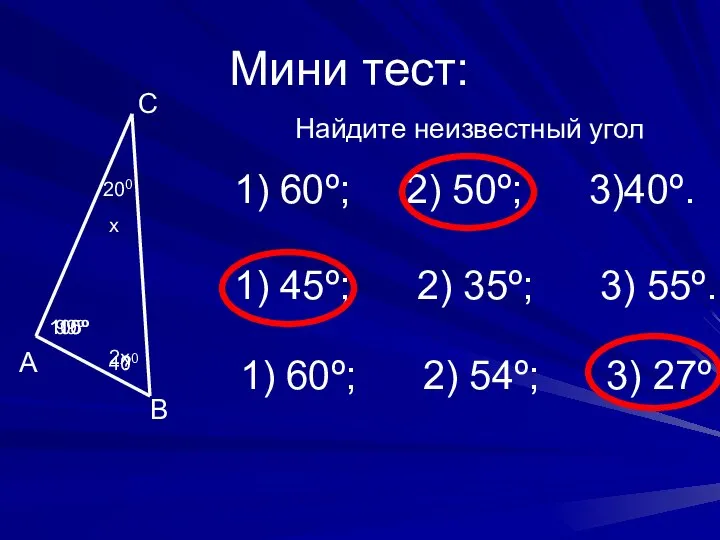 Мини тест: А В С Найдите неизвестный угол 200 400 ? 110º