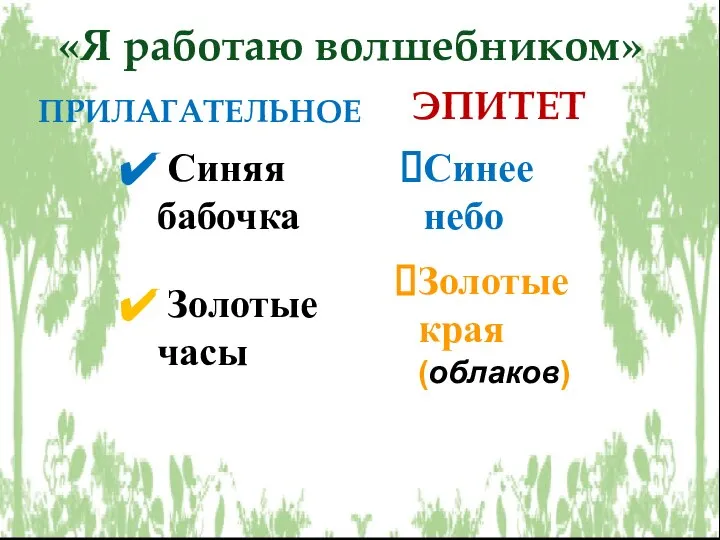 ПРИЛАГАТЕЛЬНОЕ ЭПИТЕТ Синее небо Синяя бабочка «Я работаю волшебником» Золотые часы Золотые края (облаков)