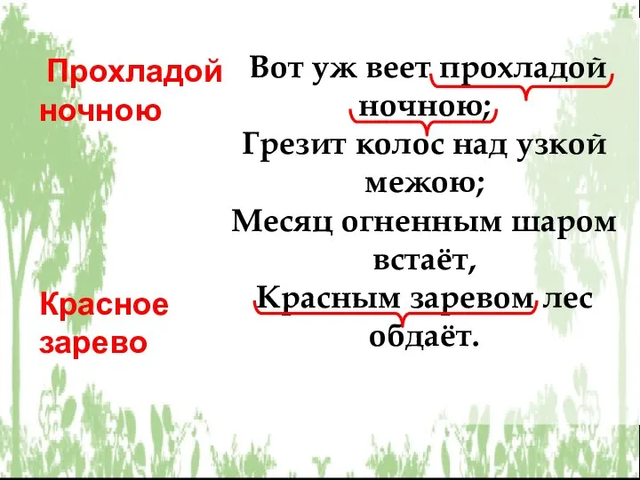 Вот уж веет прохладой ночною; Грезит колос над узкой межою; Месяц огненным