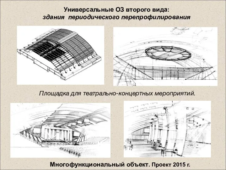 Многофункциональный объект. Проект 2015 г. Универсальные ОЗ второго вида: здания периодического перепрофилирования Площадка для театрально-концертных мероприятий.