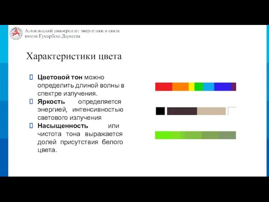 Характеристики цвета Цветовой тон можно определить длиной волны в спектре излучения. Яркость