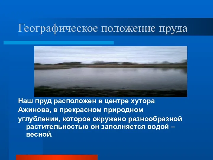 Географическое положение пруда Наш пруд расположен в центре хутора Ажинова, в прекрасном