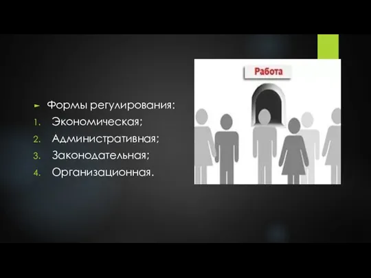 Формы регулирования: Экономическая; Административная; Законодательная; Организационная.