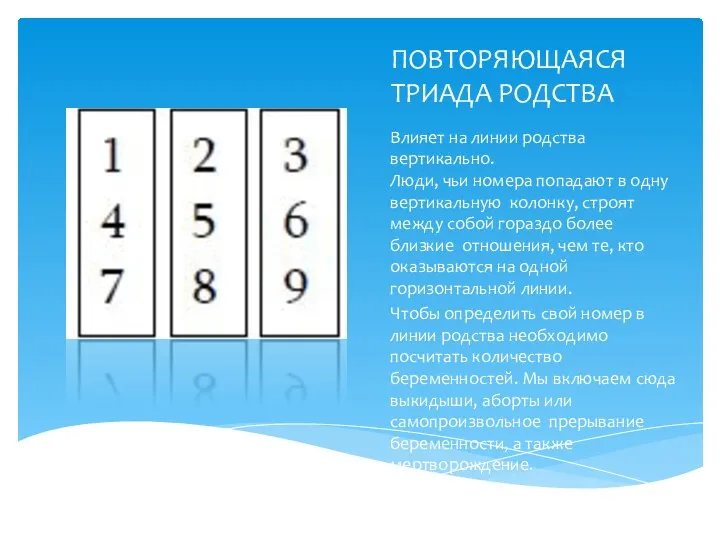 ПОВТОРЯЮЩАЯСЯ ТРИАДА РОДСТВА Влияет на линии родства вертикально. Люди, чьи номера попадают