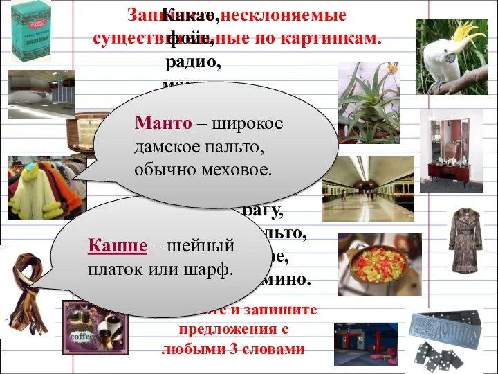 Запишите несклоняемые существительные по картинкам. Какао, фойе, радио, манто, пианино, кашне, кофе,