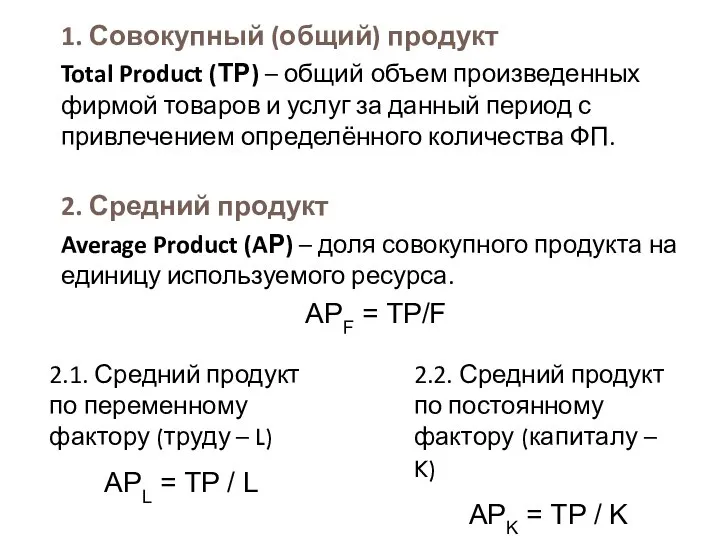 1. Совокупный (общий) продукт Total Product (ТР) – общий объем произведенных фирмой