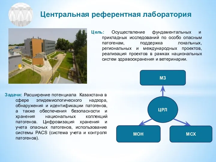 Центральная референтная лаборатория ЦРЛ МЗ МОН МСХ Задачи: Расширение потенциала Казахстана в