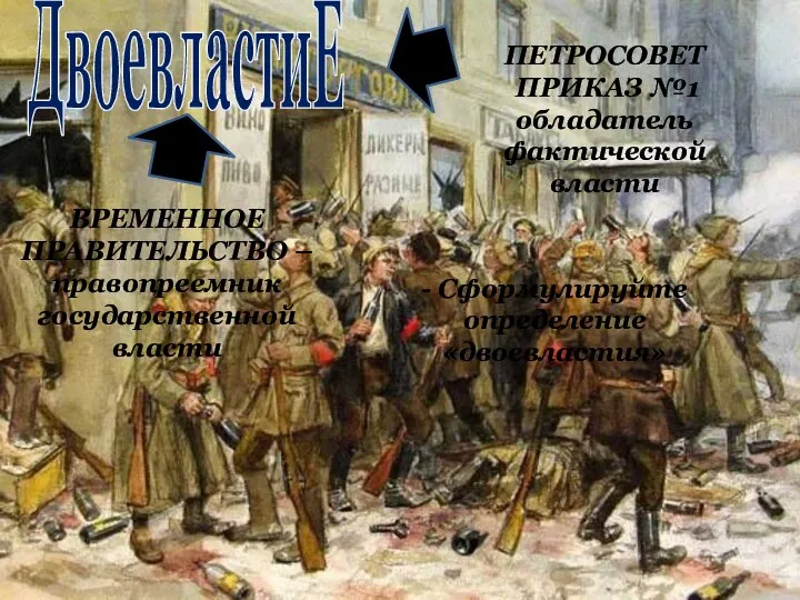 ДвоевластиЕ ВРЕМЕННОЕ ПРАВИТЕЛЬСТВО –правопреемник государственной власти ПЕТРОСОВЕТ ПРИКАЗ №1 обладатель фактической власти - Сформулируйте определение «двоевластия»