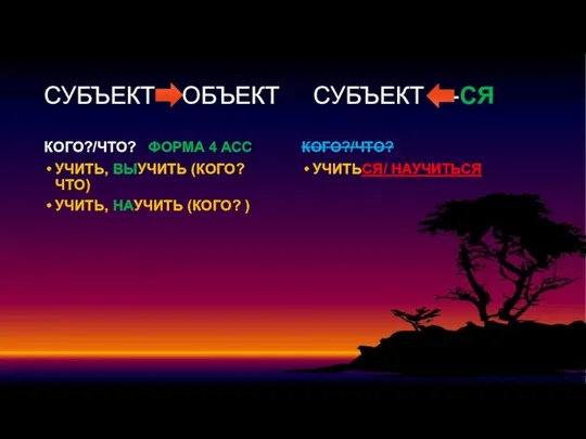 СУБЪЕКТ ОБЪЕКТ СУБЪЕКТ -СЯ КОГО?/ЧТО? ФОРМА 4 ACC УЧИТЬ, ВЫУЧИТЬ (КОГО? ЧТО)