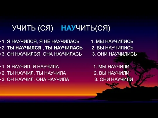 УЧИТЬ (СЯ) НАУЧИТЬ(СЯ) 1. Я НАУЧИЛСЯ, Я НЕ НАУЧИЛАСЬ 1. МЫ НАУЧИЛИСЬ