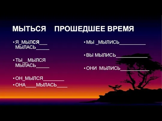 МЫТЬСЯ ПРОШЕДШЕЕ ВРЕМЯ Я_МЫЛСЯ___ МЫЛАСЬ_____ ТЫ__МЫЛСЯ МЫЛАСЬ_____ ОН_МЫЛСЯ________ ОНА____МЫЛАСЬ____ МЫ _МЫЛИСЬ__________ ВЫ МЫЛИСЬ____________ ОНИ МЫЛИСЬ___________