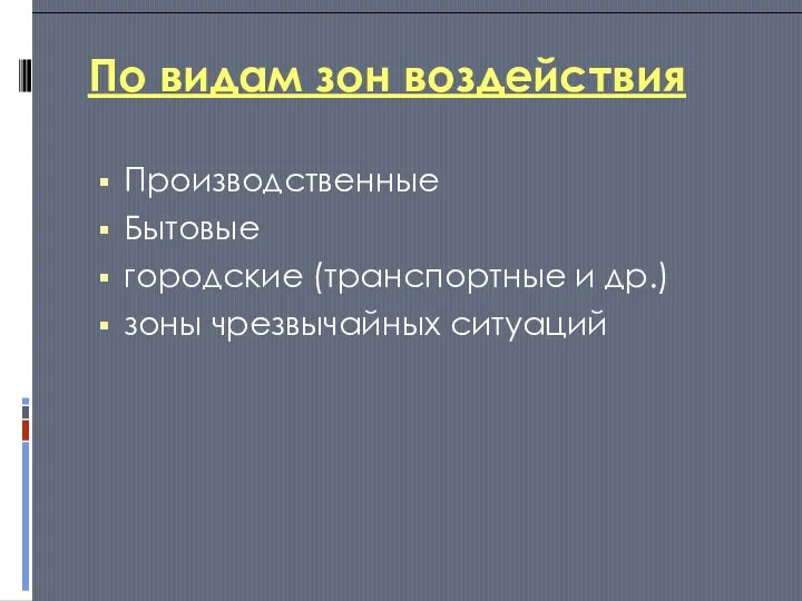 По видам зон воздействия Производственные Бытовые городские (транспортные и др.) зоны чрезвычайных ситуаций